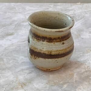 Studio Art Pottery Stoneware Small Vase With Side Indent Brown Striped Speckled